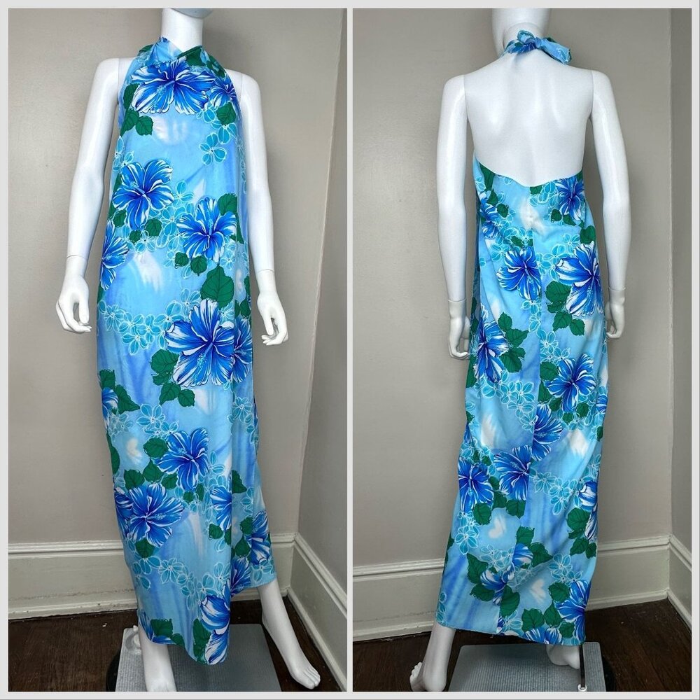 Vintage 1970s Hawaiian Halter Wrap Maxi Dress, Maxi Skirt, Tropical Blue Floral